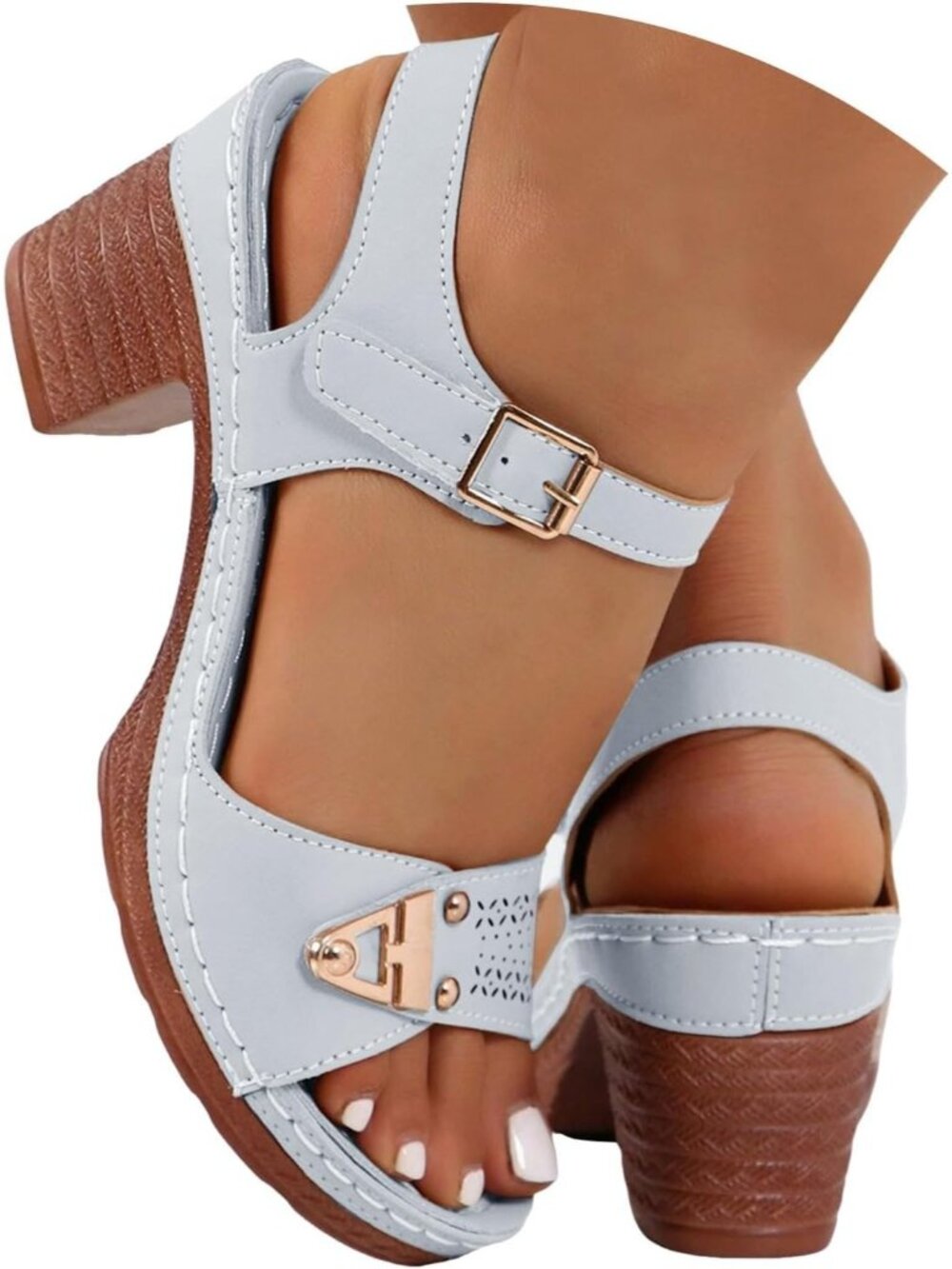 Women's Grey Dressy Low Block Chunky Heels Ankle Strap Comfortable Open Toe